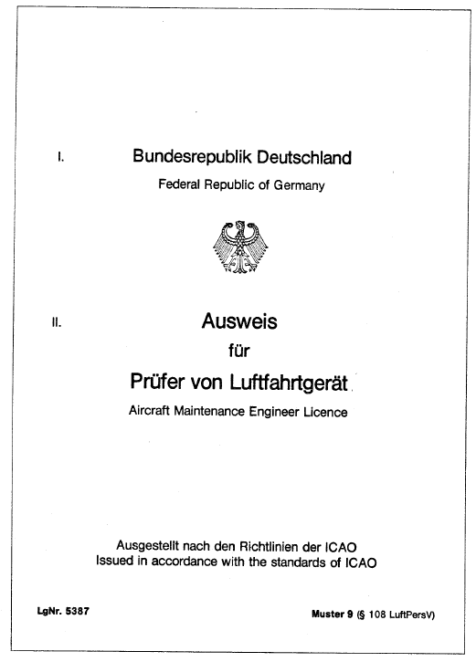 Muster Ausweis für Prüfer von Luftfahrtgerät, Seite 1 (BGBl. I 1984 S. 335)