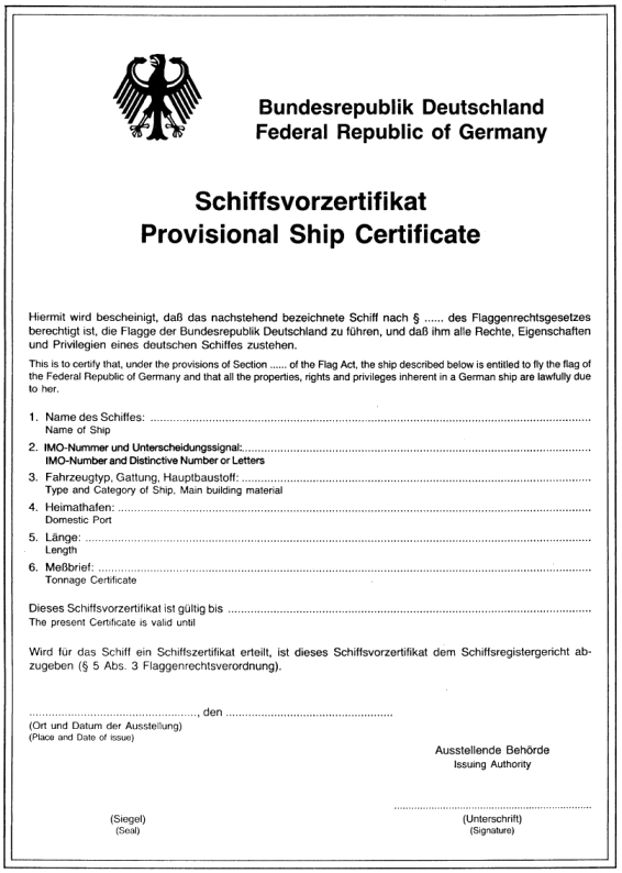 Schiffsvorzertifikat / Provisional Ship Certificate (BGBl. I 1990 S. 1394)