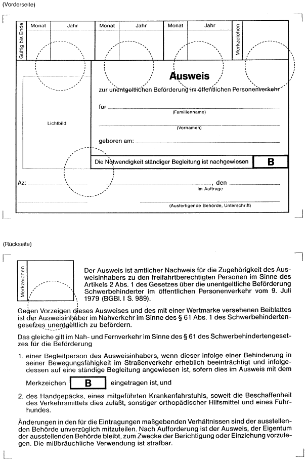 Muster 4, Ausweis zur unentgeltlichen Beförderung im öffentlichen Personenverkehr (BGBl. I 1991 S. 1745)