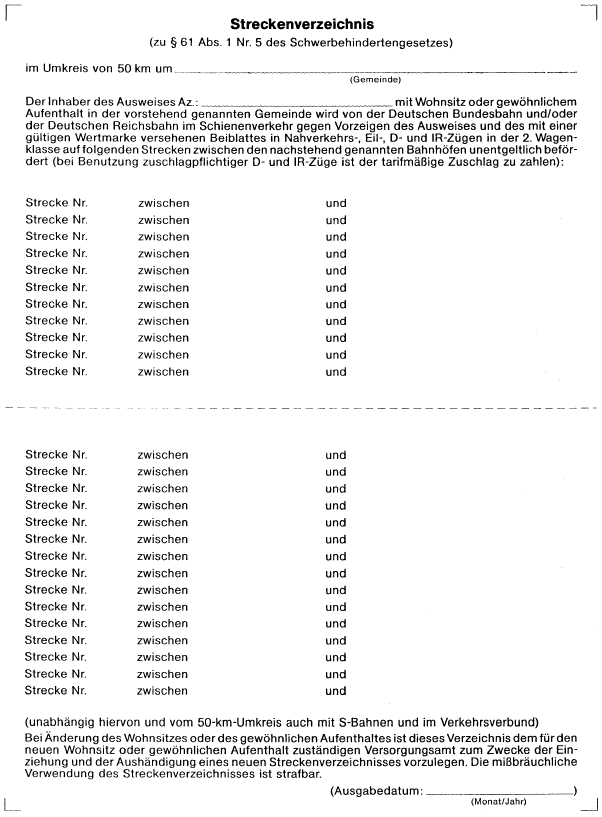 Muster 5, Streckenverzeichnis (BGBl. I 1991 S. 1746)