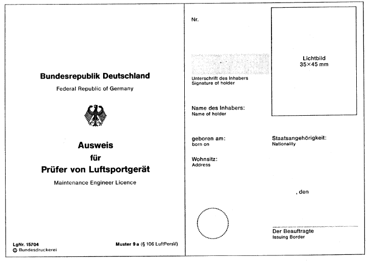 Muster Ausweis für Prüfer von Luftsportgerät, Seite 1 (BGBl. I 1993 S. 768)