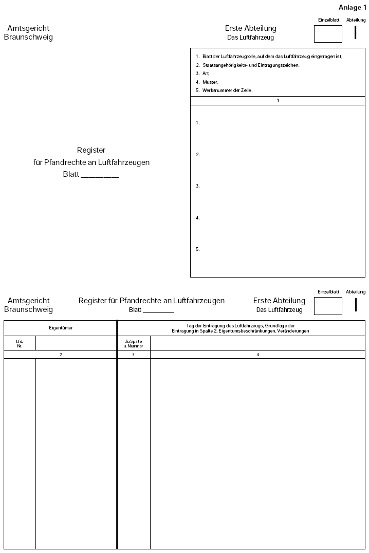 Register für Pfandrechte an Luftfahrzeugen, Erste Abteilung - Das Luftfahrzeug - (BGBl. I 1999 S. 283)