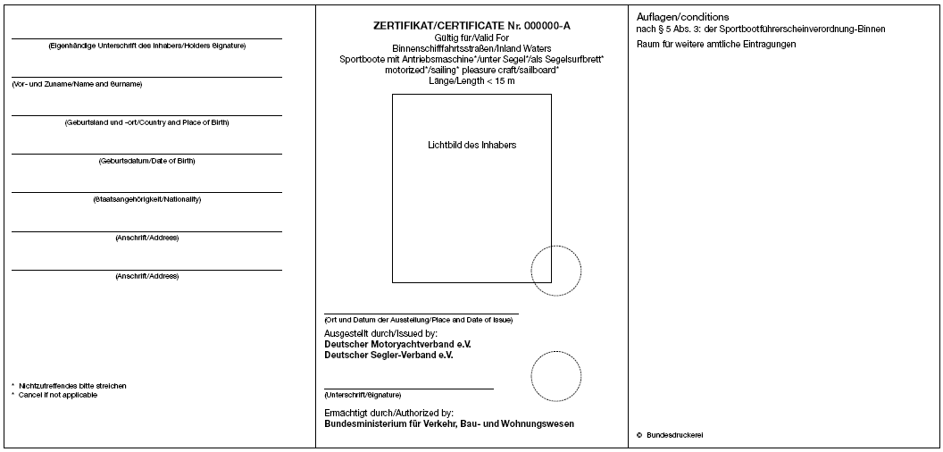 Abbildung Rückseite Sportbootführerschein-Binnen (BGBl. I 2000 S. 648)