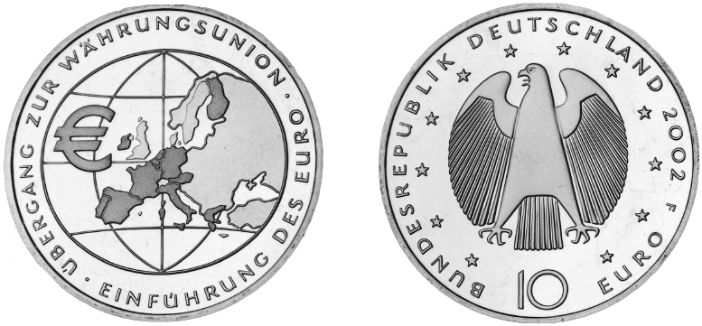 Abbildung von Bild- und Wertseite Gedenkmünze "Übergang zur Währungsunion - Einführung des Euro" (BGBl. I 2001 S. 3788)