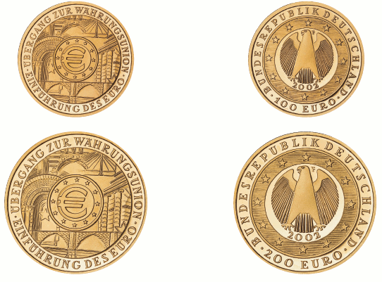 Abb. Bild- und Wertseite Goldmünze "Übergang zur Währungsunion - Einführung des Euro" (BGBl. 2002 I S. 1339)