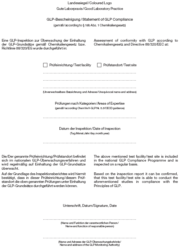 GLP-Bescheinigung/Statement of GLP Compliance (BGBl. I 2002 S. 2130)