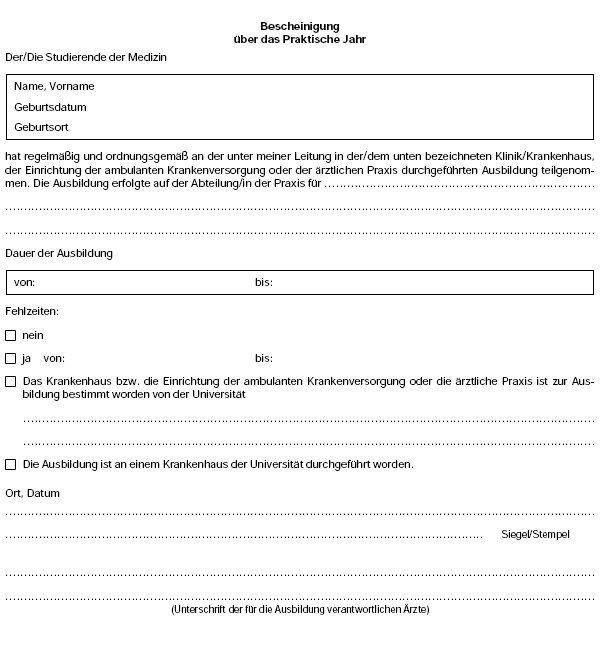 Bescheinigung über das Praktische Jahr (BGBl. I 2002 S. 2423)