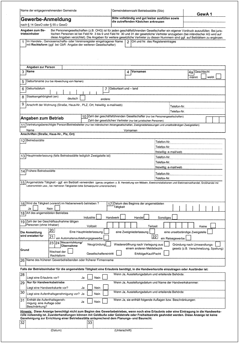 Formular Muster Gewerbe-Anmeldung (BGBl. I 2002 S. 3417)