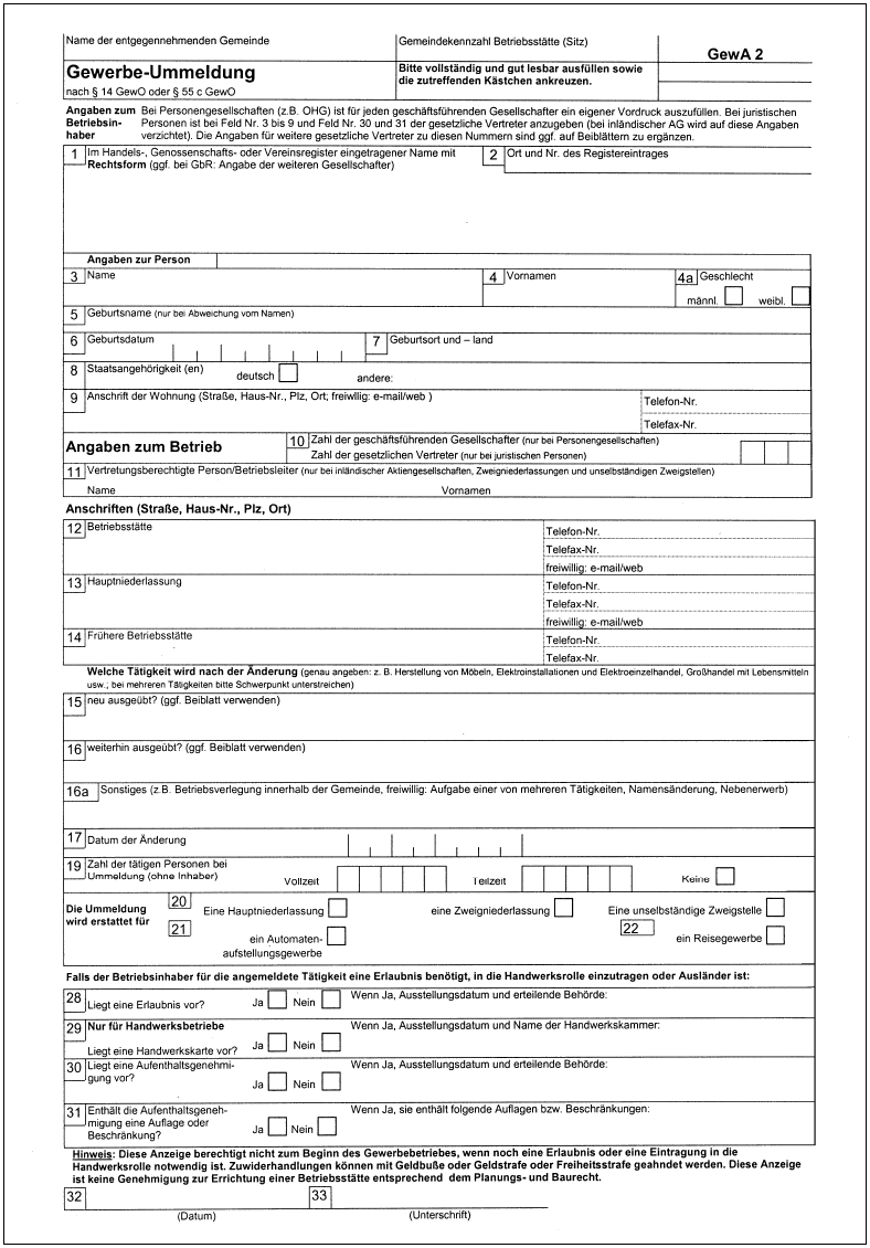 Formular Muster Gewerbe-Ummeldung (BGBl. I 2002 S. 3418)