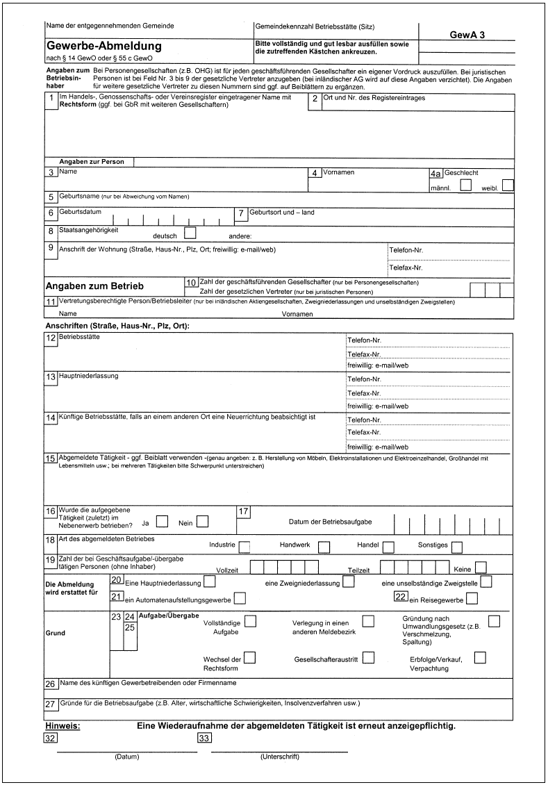 Formular Muster Gewerbe-Abmeldung (BGBl. I 2002 S. 3419)