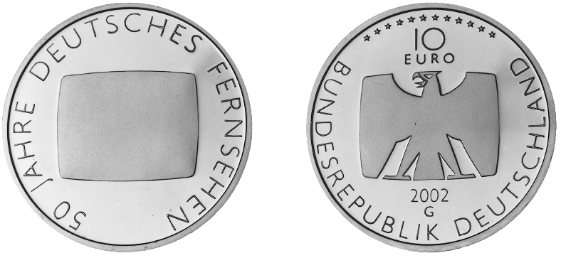 Abbildung von Bild- und Wertseite Gedenkmünze "50 Jahre Deutsches Fernsehen" (BGBl. I 2002 S. 3861)