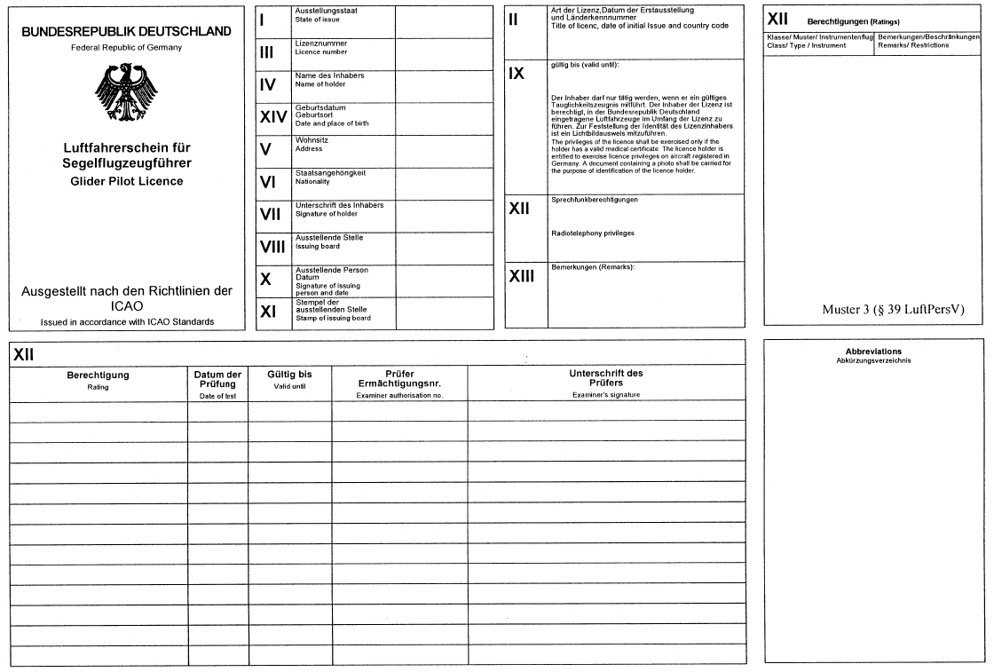 Muster Luftfahrerschein für Segelflugzeugführer (BGBl. I 2003 S. 221)