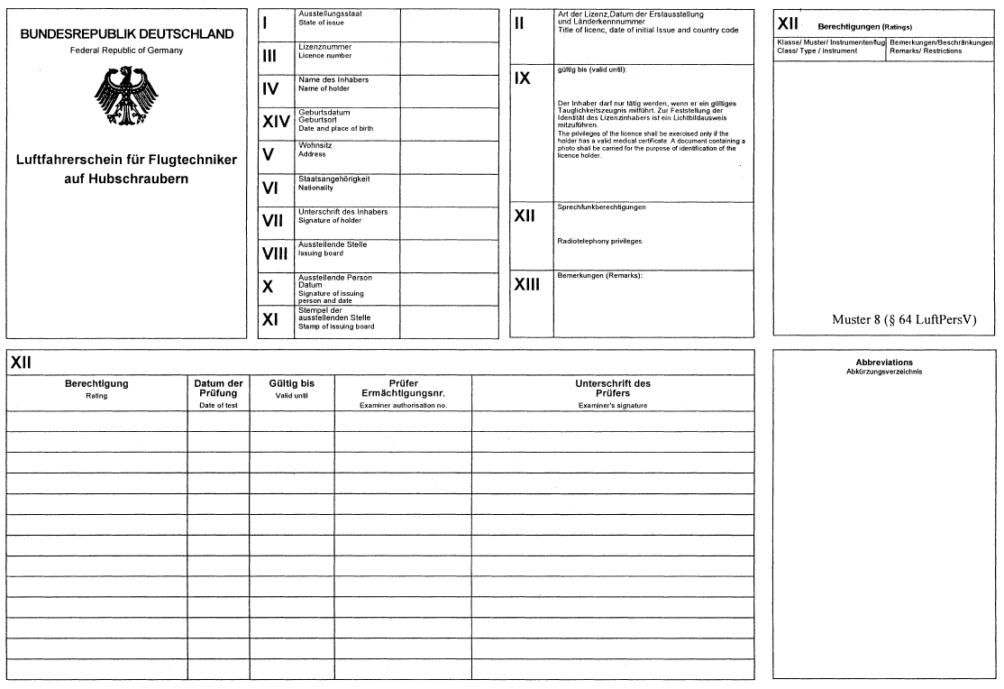 Muster Luftfahrerschein für Flugtechniker auf Hubschraubern (BGBl. I 2003 S. 225)