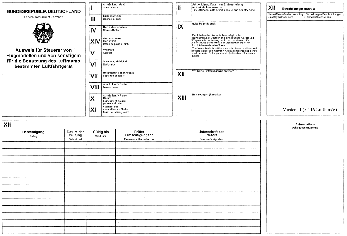 Muster Ausweis für Steuerer von Flugmodellen und von sonstigem für die Benutzung des Luftraums bestimmten Luftfahrtgerät (BGBl. I 2003 S. 227)