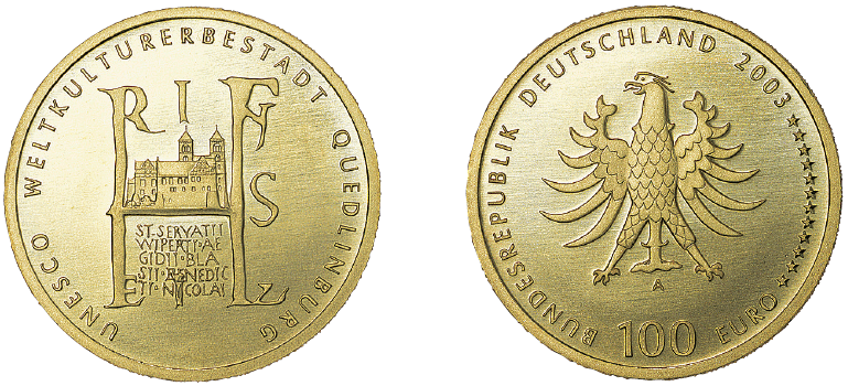 Abb. Bild- und Wertseite Goldmünze "UNESCO Weltkulturerbestadt Quedlinburg" (BGBl. I 2003 S. 1899)