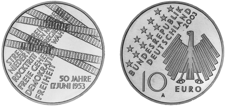 Abbildung von Bild- und Wertseite Gedenkmünze "50 Jahre Volksaufstand 17. Juni 1953" (BGBl. I 2003 S. 650)