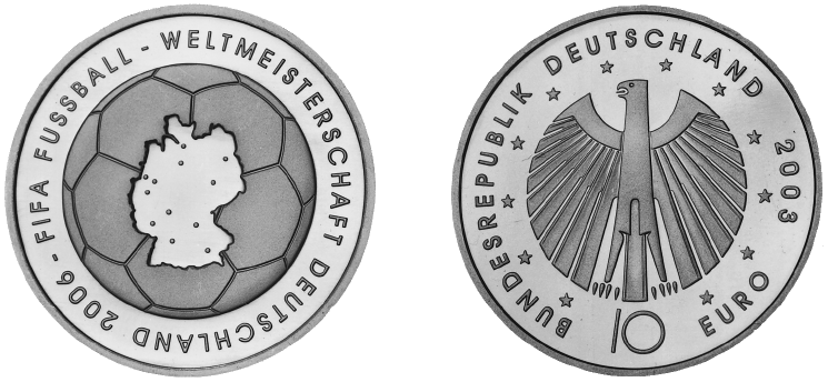 Abbildung von Bild- und Wertseite Gedenkmünze "FIFA Fußball-Weltmeisterschaft Deutschland 2006" - 1. Ausgabe 2003 - (BGBl. I 2003 S. 651)