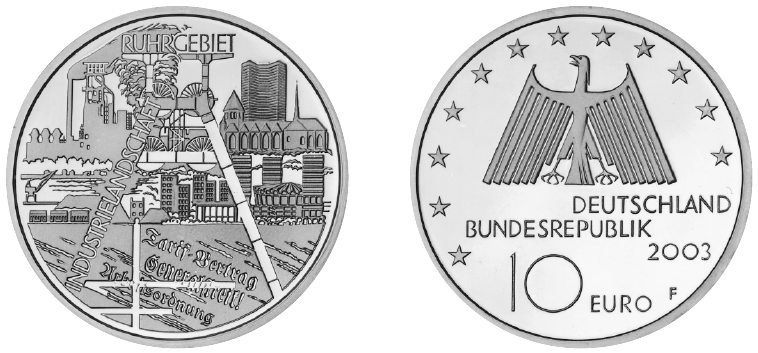 Abbildung von Bild- und Wertseite Gedenkmünze "Industrielandschaft Ruhrgebiet" (BGBl. I 2003 S. 785)