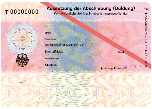 Muster für das Klebeetikett 'Bescheinigung über die Aussetzung der Abschiebung (Duldung)' (BGBl. 2004 I S. 2972)