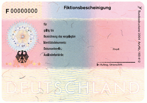 Muster für das Klebeetikett 'Fiktionsbescheinigung' (BGBl. 2004 I S. 2975)