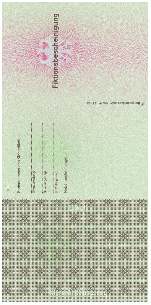 Muster 'Fiktionsbescheinigung' Vorderseite (BGBl. 2004 I S. 2976)
