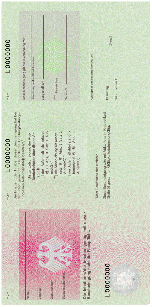 Muster 'Fiktionsbescheinigung' Rückseite (BGBl. 2004 I S. 2977)