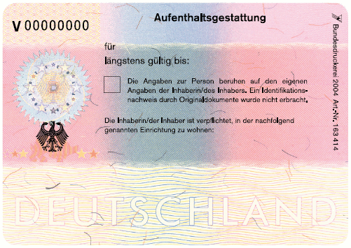 Muster Klebeetikett 'Bescheinigung über die Aufenthaltsgestattung' (BGBl. 2004 I S. 3023)