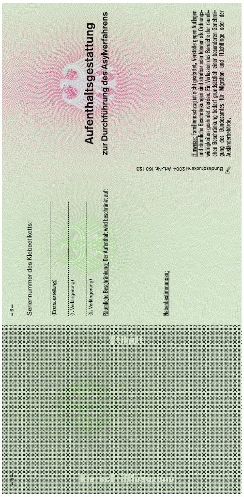 Muster 'Bescheinigung über die Aufenthaltsgestattung' Vorderseite (BGBl. 2004 I S. 3024)