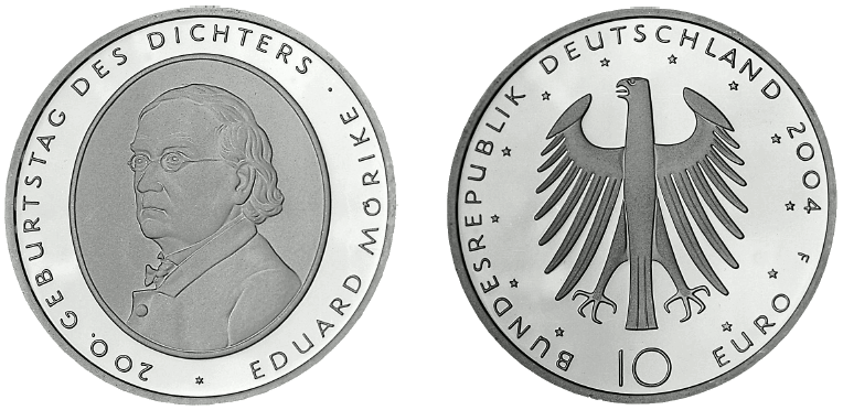 Abbildung von Bild- und Wertseite Gedenkmünze "200. Geburtstag des Dichters Eduard Mörike" (BGBl. I 2004 S. 1914)