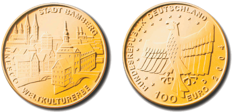 Abbildung Bild- und Wertseite Goldmünze "UNESCO-Weltkulturerbestadt Bamberg" (BGBl. I 2004 S. 2315)
