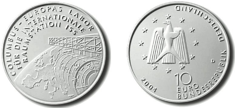 Abbildung von Bild- und Wertseite Gedenkmünze "Columbus - Europas Labor für die internationale Raumstation ISS" (BGBl. I 2004 S. 2330)