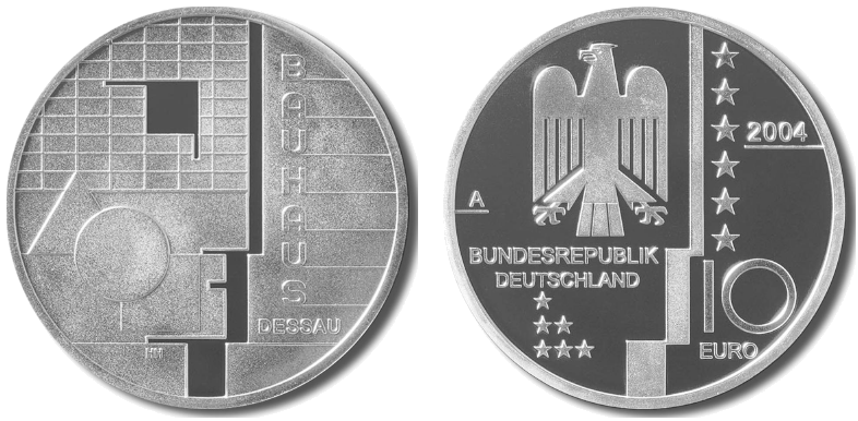 Abbildung von Bild- und Wertseite Gedenkmünze "Bauhaus Dessau" (BGBl. I 2004 S. 432)