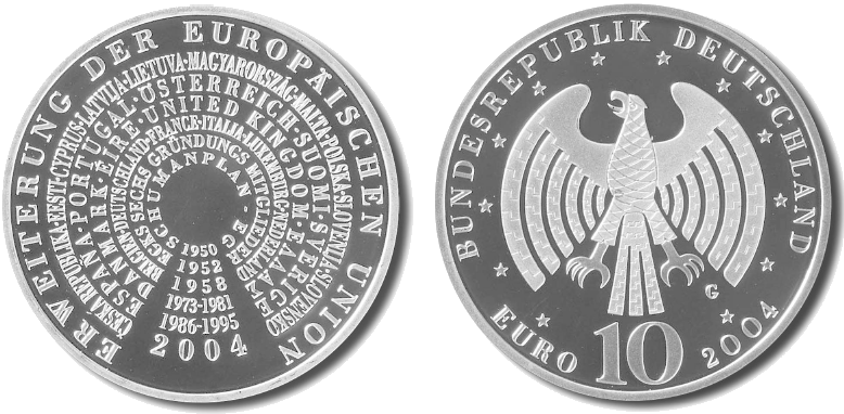 Abbildung von Bild- und Wertseite Gedenkmünze "Erweiterung der Europäischen Union" (BGBl. I 2004 S. 498)