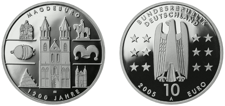 Abbildung von Bild- und Wertseite Gedenkmünze "1200 Jahre Magdeburg" (BGBl. I 2005 S. 2299)
