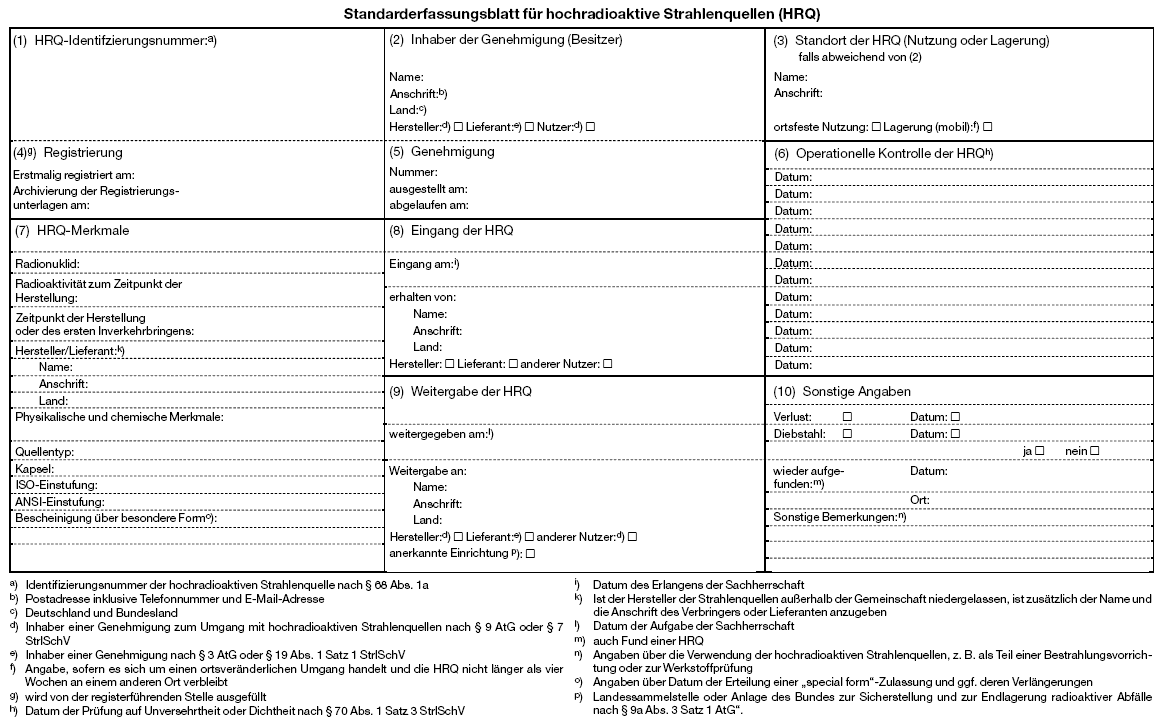  Standarderfassungsblatt für hochradioaktive Strahlenquellen (HRQ) (BGBl. I 2005 S. 2404)