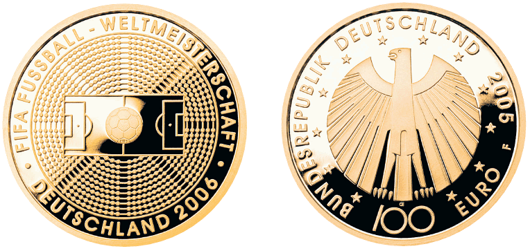 Abbildung Bild- und Wertseite Goldmünze "FIFA Fußball-Weltmeisterschaft in Deutschland 2006" (BGBl. I 2005 S. 2541)