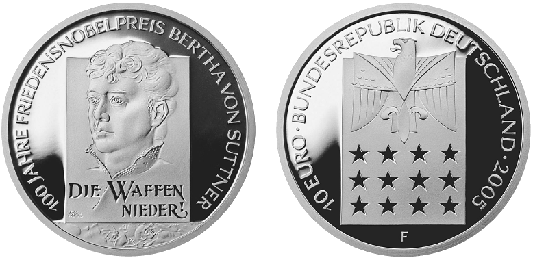 Abbildung von Bild- und Wertseite Gedenkmünze "100 Jahre Friedensnobelpreis - Bertha von Suttner" (BGBl. I 2005 S. 2973)