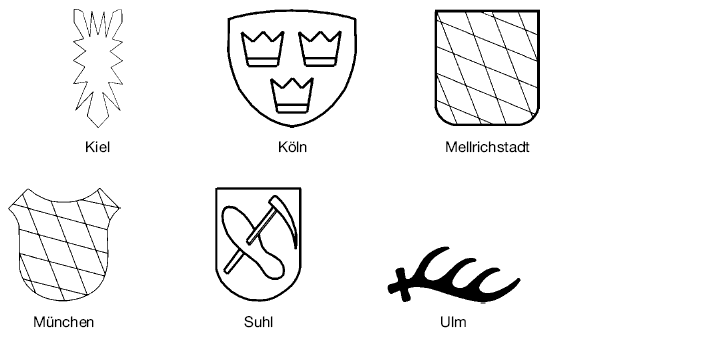 Abb. 3 Ortszeichen der zuständigen Behörden Kiel Köln Mellrichstadt München Suhl Ulm (BGBl. I 2006 S. 1501)