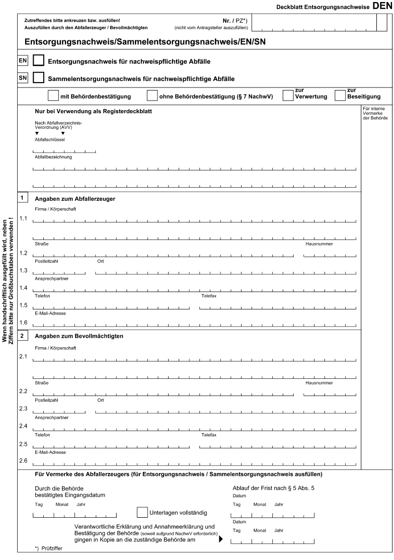 Deckblatt Entsorgungsnachweis DEN (BGBl. 2006 I S. 2311)