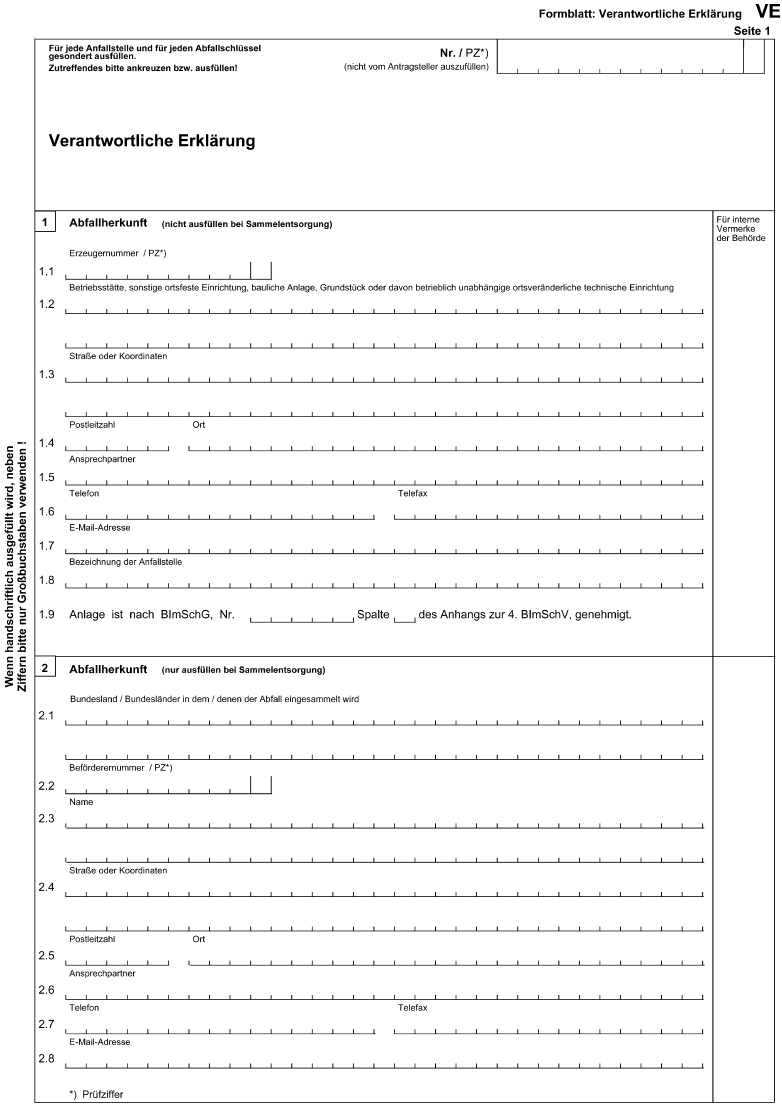 Formblatt: Verantwortliche Erklärung VE, Seite 1 (BGBl. 2006 I S. 2312)