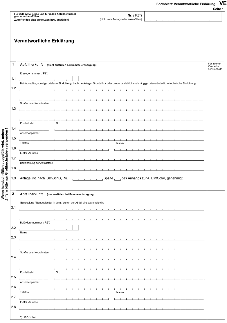 Formblatt: Verantwortliche Erklärung VE, Seite 1 (BGBl. 2006 I S. 2312)