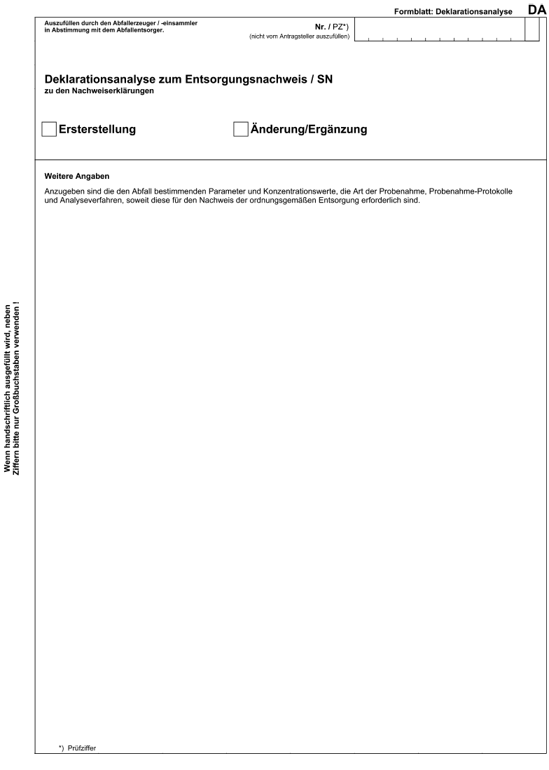 Formblatt: Deklarationsanalyse DA (BGBl. 2006 I S. 2314) Formblatt: Deklarationsanalyse DA (BGBl. 2006 I S. 2314)
