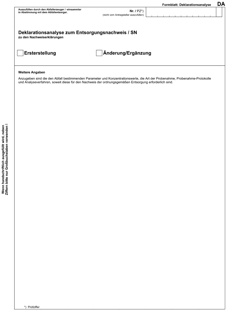 Formblatt: Deklarationsanalyse DA (BGBl. 2006 I S. 2314)