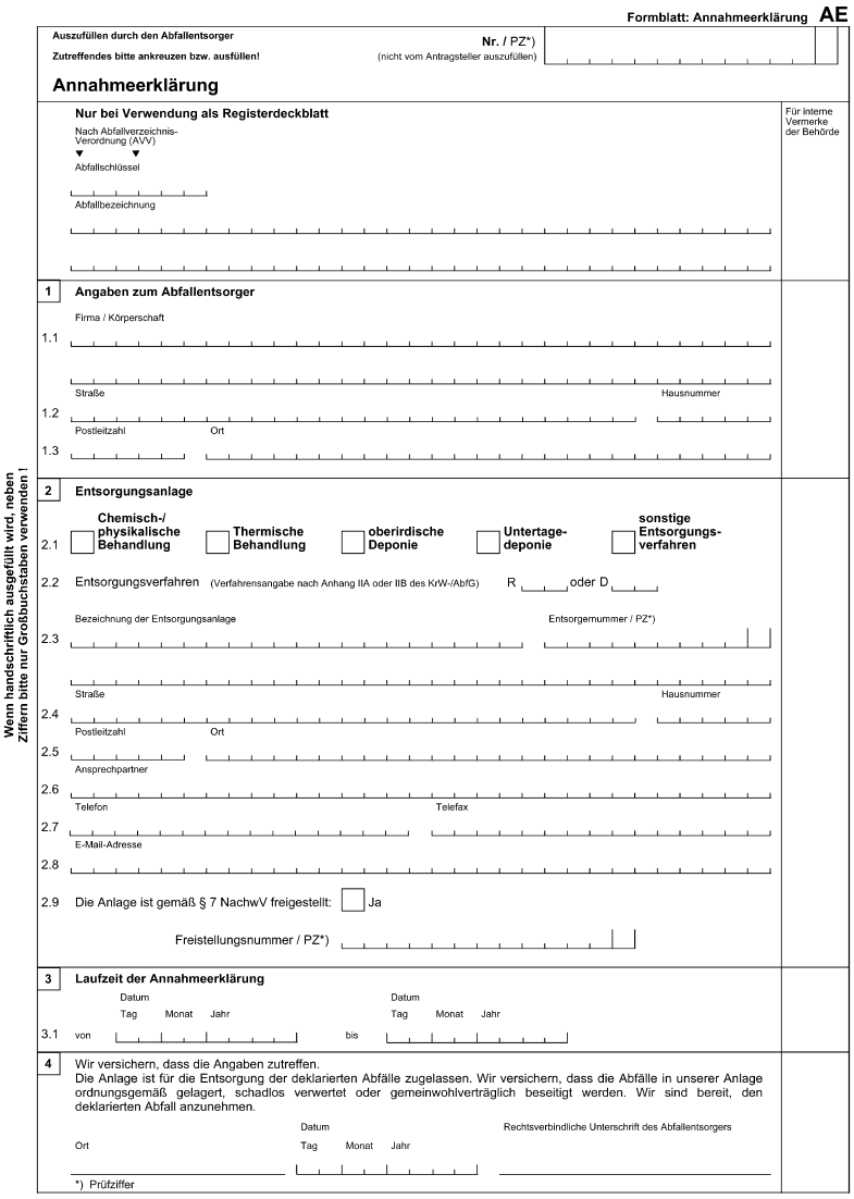 Formblatt: Annahmeerklärung AE (BGBl. 2006 I S. 2316)