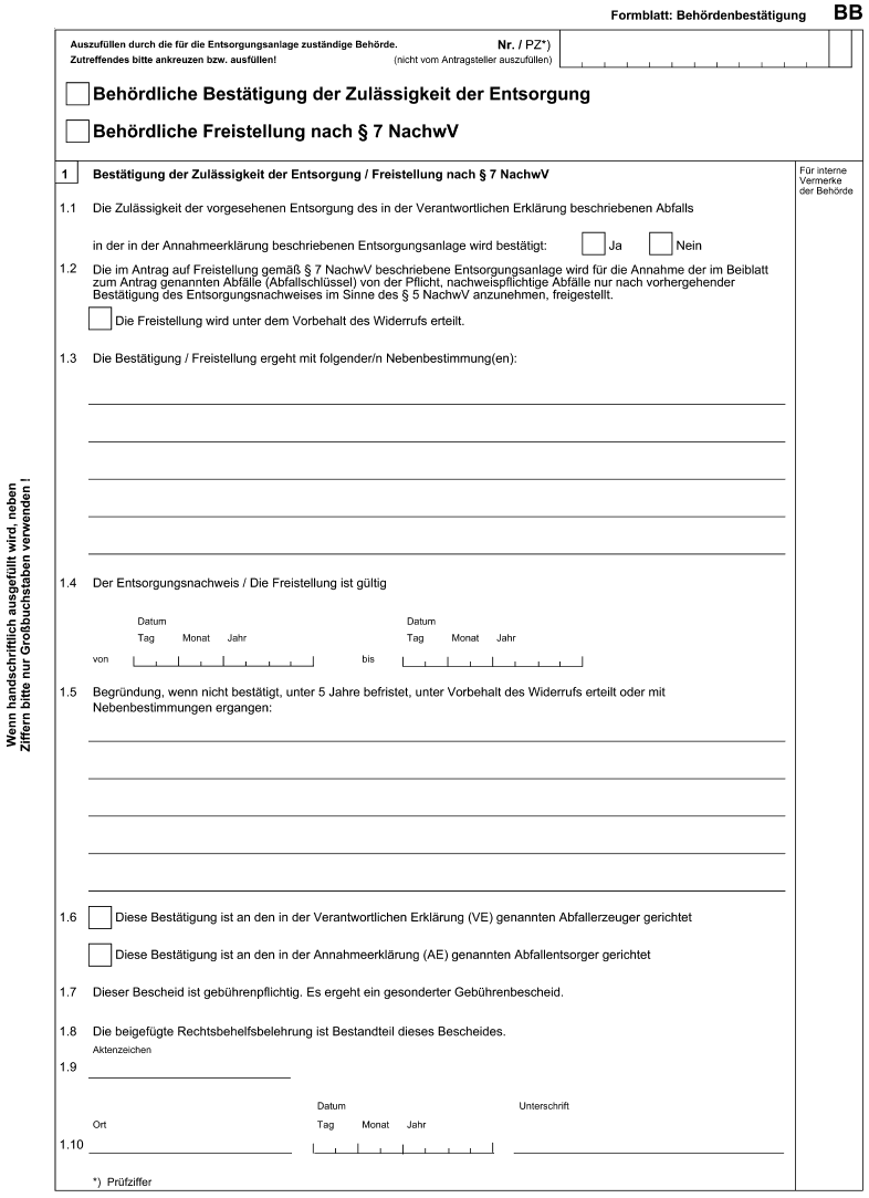 Formblatt: Behördenbestätigung BB (BGBl. 2006 I S. 2317)