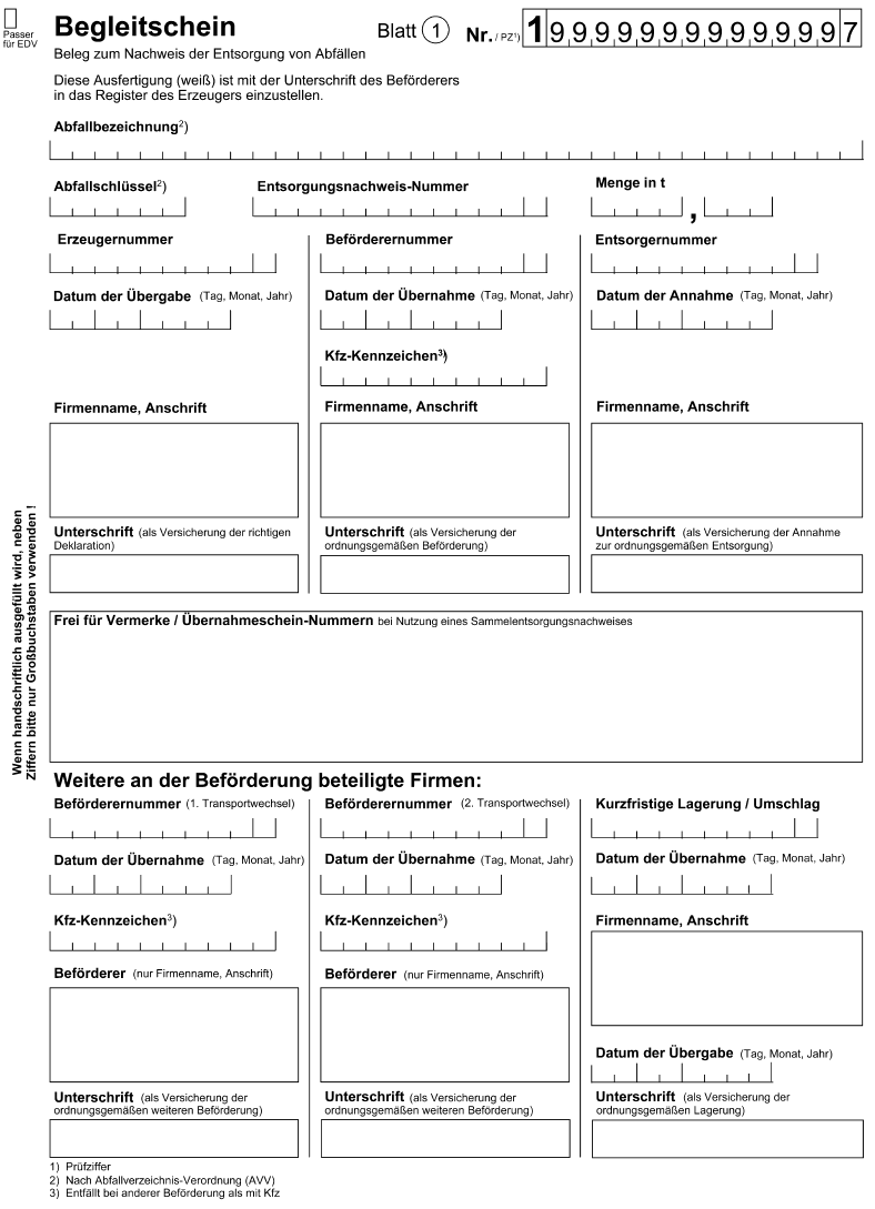 Begleitschein Beleg zum Nachweis der Entsorgung von Abfällen, Blatt 1 (BGBl. 2006 I S. 2319)