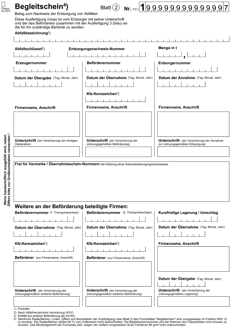 Begleitschein Beleg zum Nachweis der Entsorgung von Abfällen, Blatt 2 (BGBl. 2006 I S. 2320)