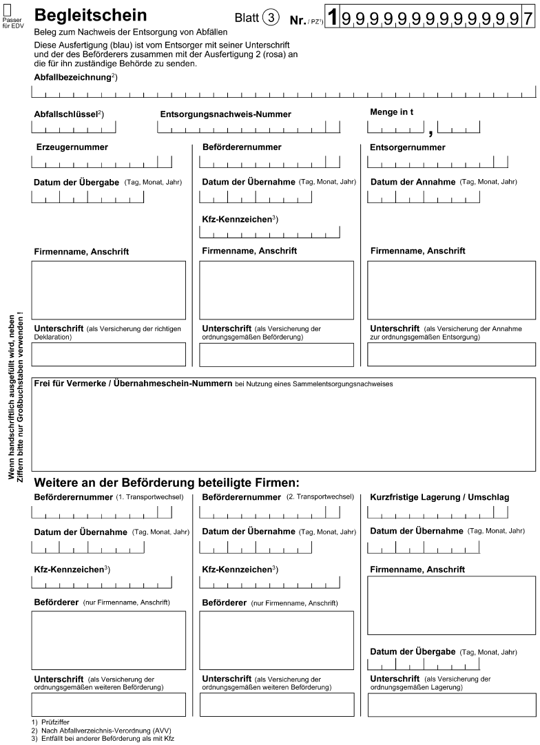 Begleitschein Beleg zum Nachweis der Entsorgung von Abfällen, Blatt 3 (BGBl. 2006 I S. 2321)