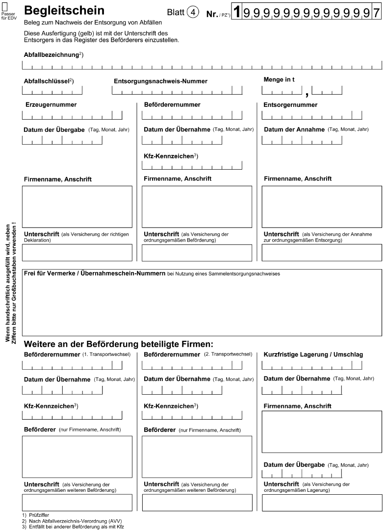 Begleitschein Beleg zum Nachweis der Entsorgung von Abfällen, Blatt 4 (BGBl. 2006 I S. 2322)