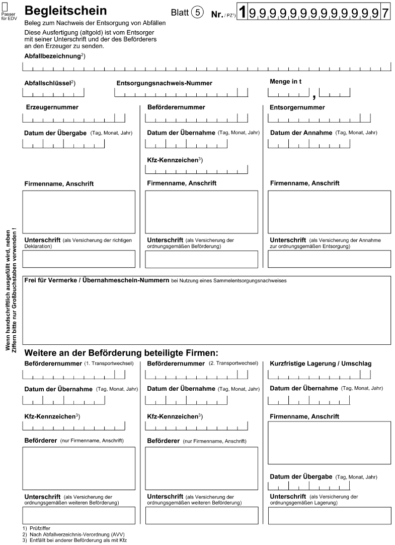 Begleitschein Beleg zum Nachweis der Entsorgung von Abfällen, Blatt 5 (BGBl. 2006 I S. 2323)